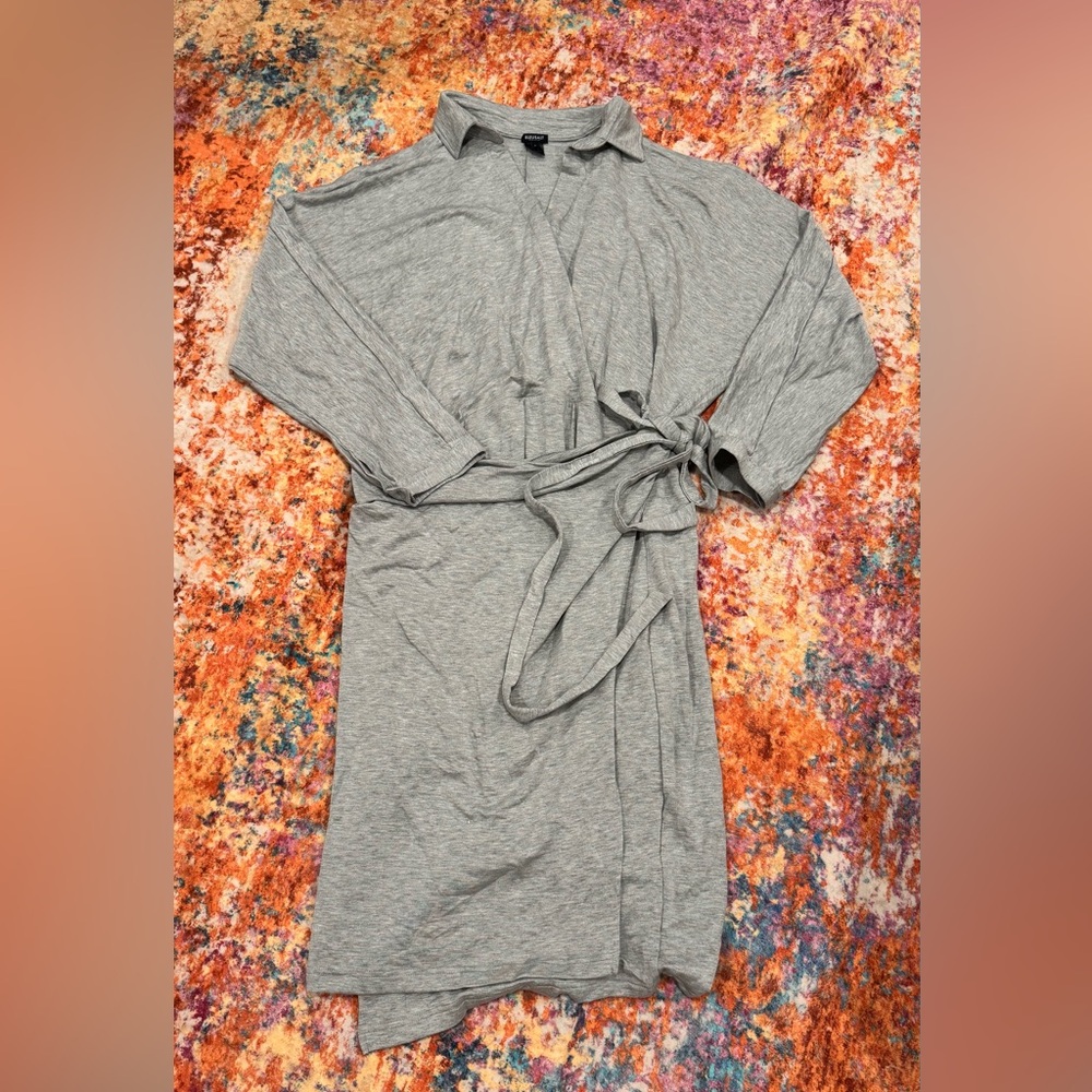 Heather Gray Long Sleeve Wrap Shirt Dress with Tie Belt - Women